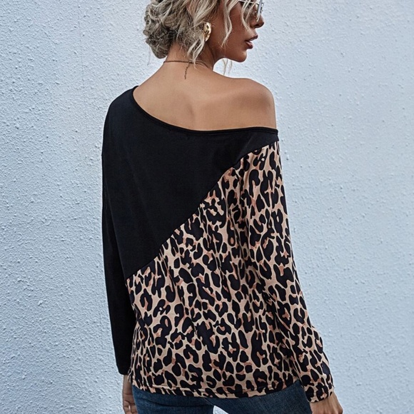 black Leopard print off shoulder long sleeve top - Picture 4 of 15